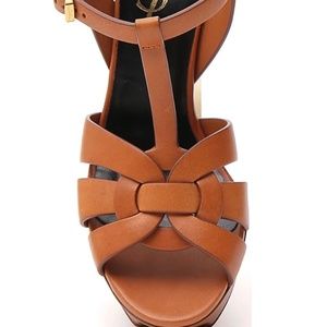 YSL Saint Laurent Italy Tribute Leather Mid-Heel Sandal, Bronze / Brown